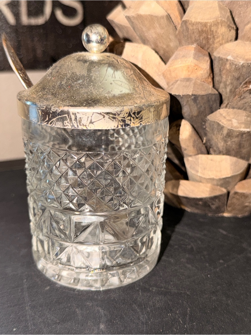 Vintage Glass Sugar Jar with Silver-Plate Lid & Spoon Clear